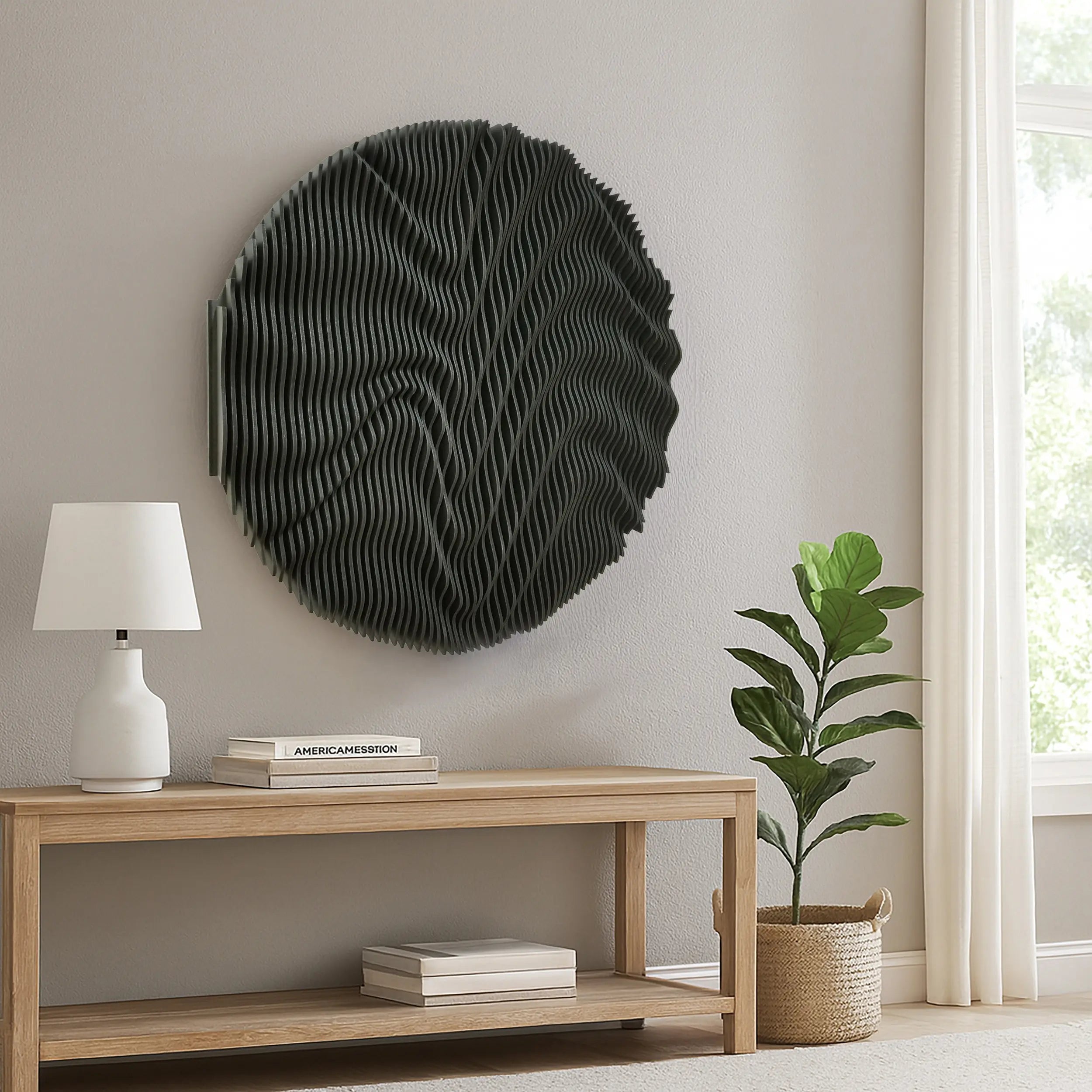 Decorative wall art piece on a wall above a wooden console table with books and a lamp.